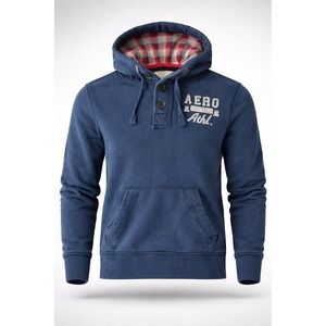 Aeropostale Mens Navy Blue Henley‎ Hoodie Plaid Lined Aero Athl Graphic Large